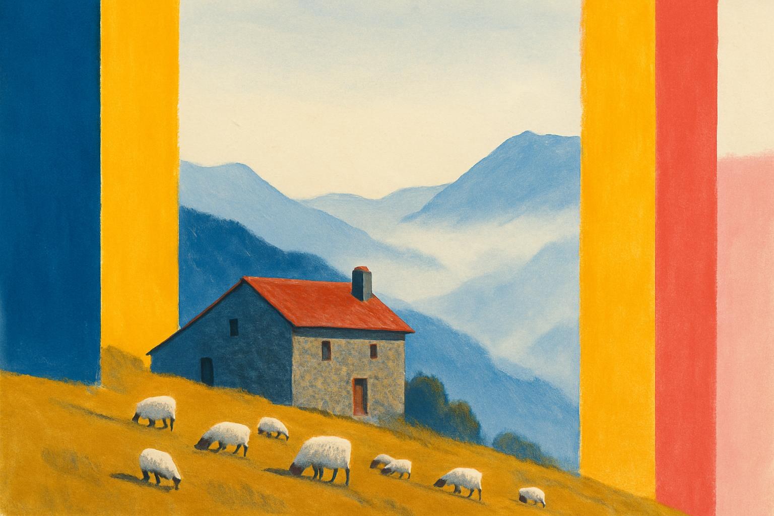 Une ferme en pierre dans les hautes Pyrénées au crépuscule, des moutons sur les pentes et de la brume s'élevant dans la vallée.