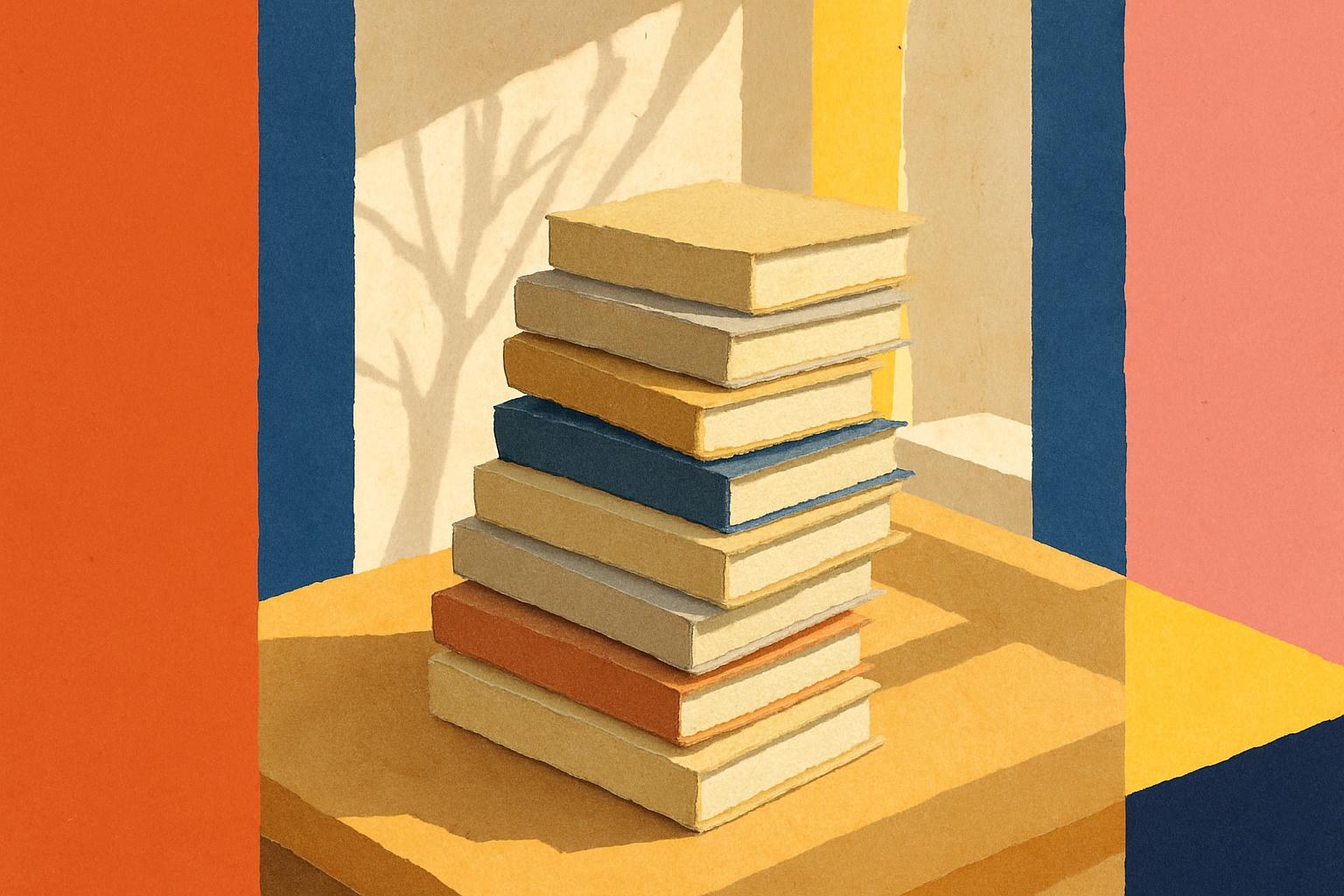 Eleven plain hardcover books stacked on a table in autumn light, their spines blank.