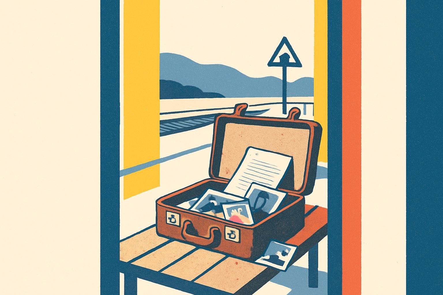 Una maleta abierta con fotografías antiguas y una carta sobre un andén de tren tenuemente iluminado, evocando un viaje entre generaciones y países.