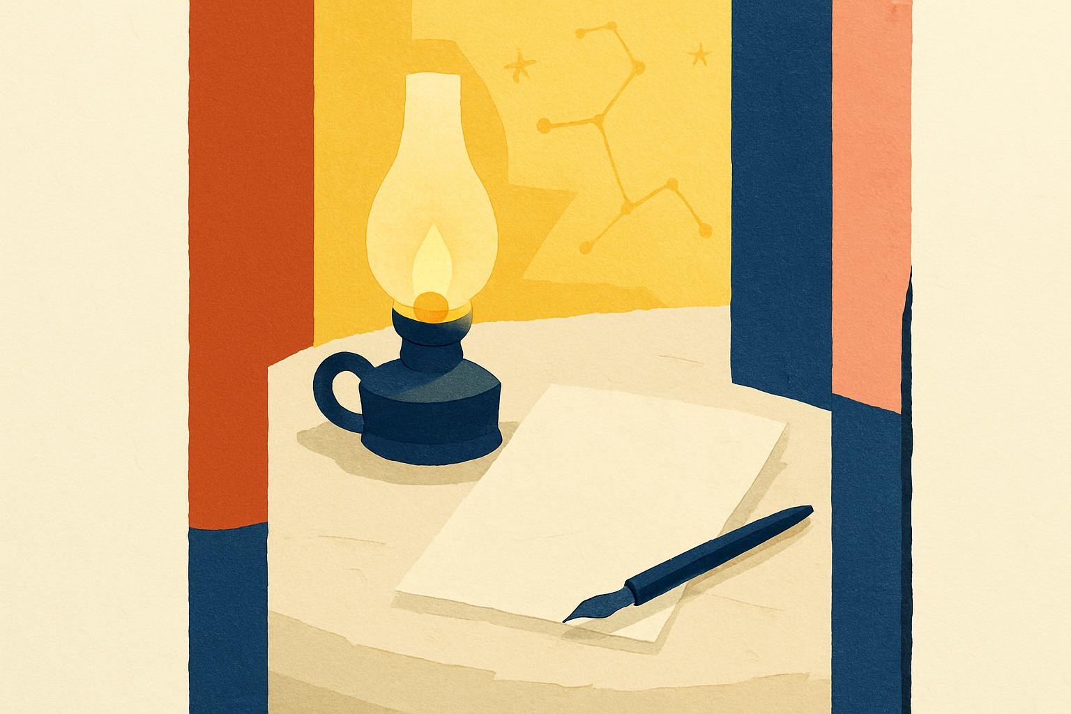 Une table de spiritisme éclairée par une lampe, avec papier et plume, de vagues constellations dessinées sur le mur.