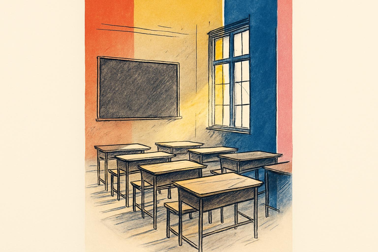 Une salle de classe vide et faiblement éclairée, avec des rangées de vieux pupitres en bois face à un tableau noir vierge.