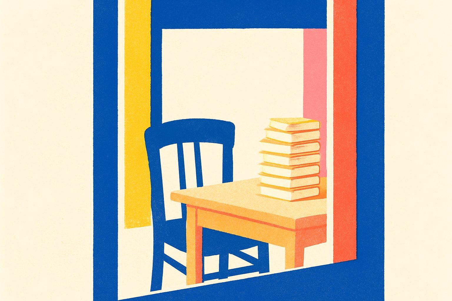 Una silla vacía junto a una mesa puesta, rodeada de pilas de libros sin título, evocando las deliberaciones del jurado Goncourt.