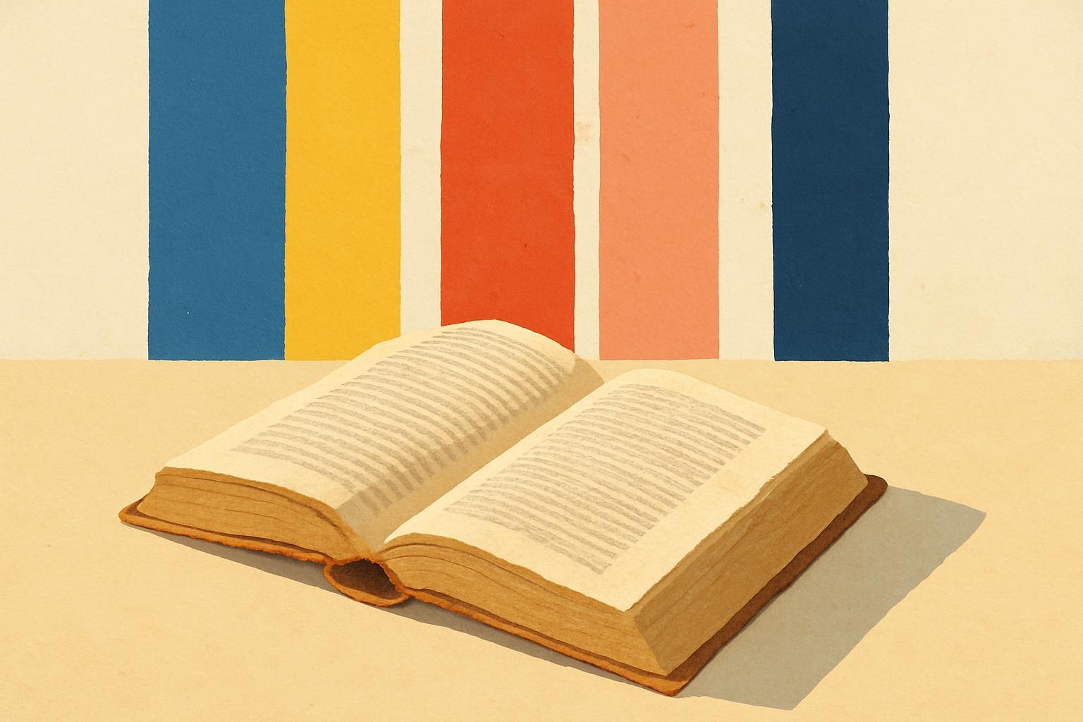 An open, aged anthology from 1970 resting on a wooden desk in soft light.