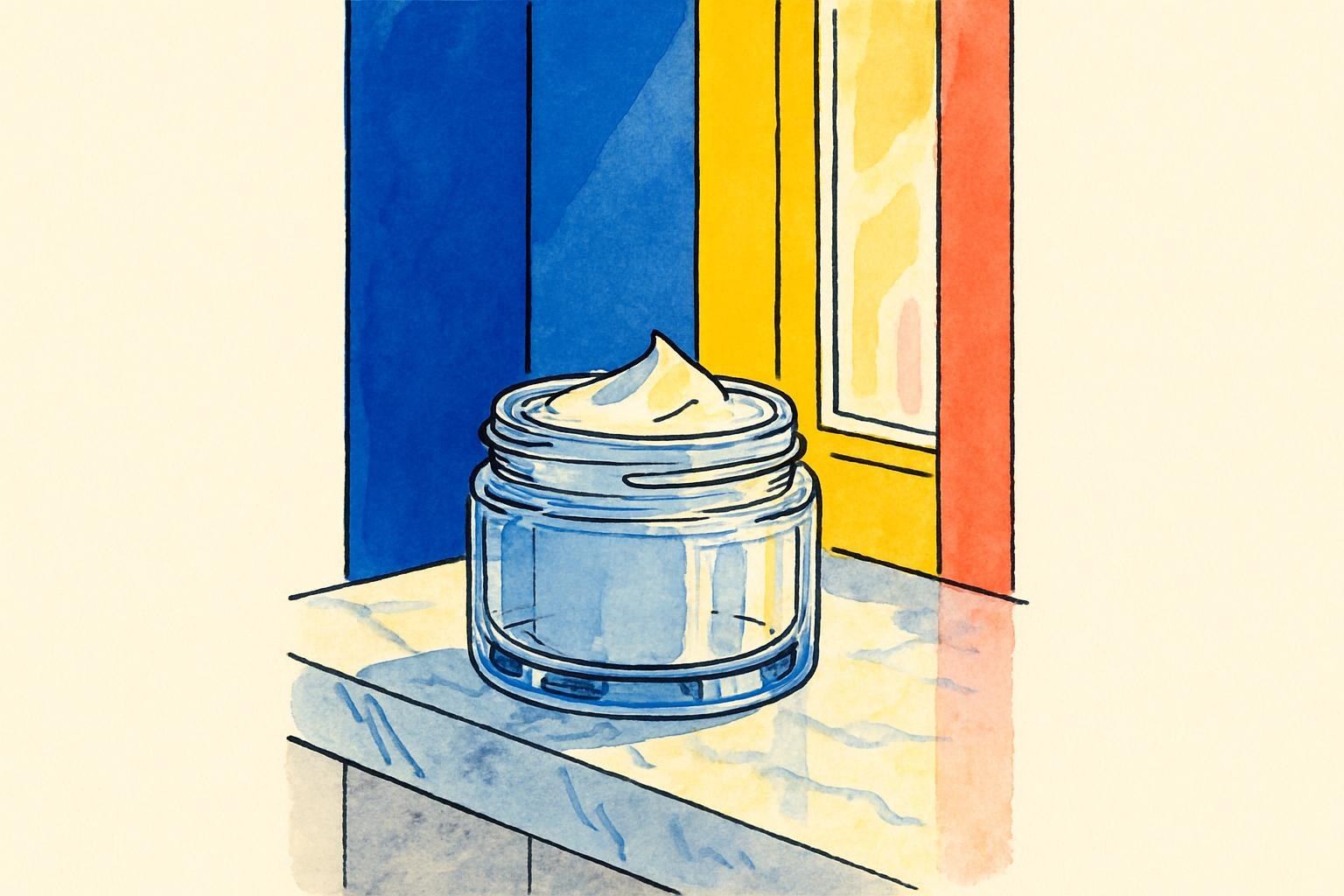 Un pot en verre de crème pour la peau posé sur une étagère en marbre, éclairé par une douce lumière matinale.
