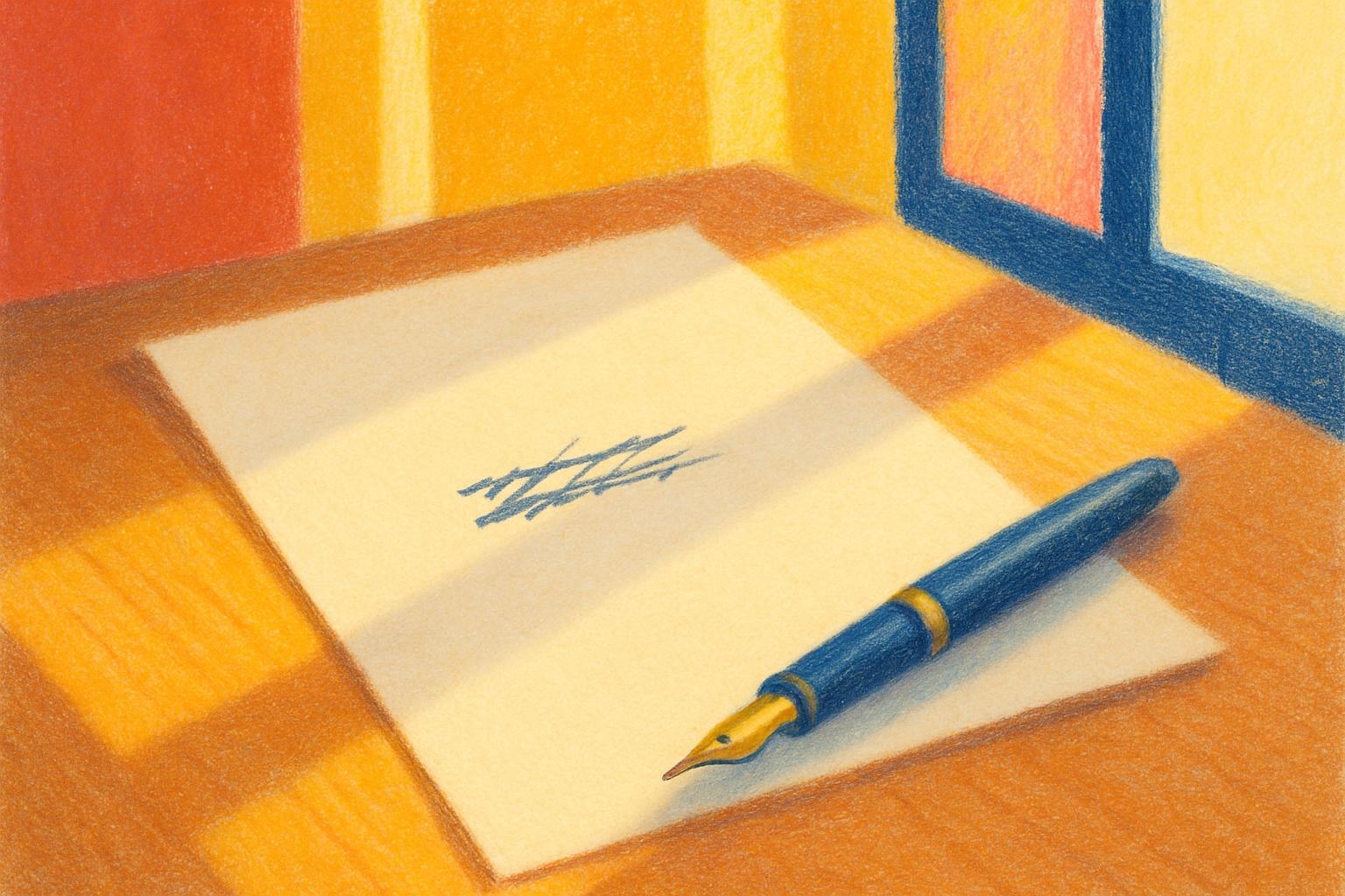 Une feuille de papier couverte de mots biffés, avec un stylo-plume posé sur un bureau en bois, éclairée par la lumière du matin.