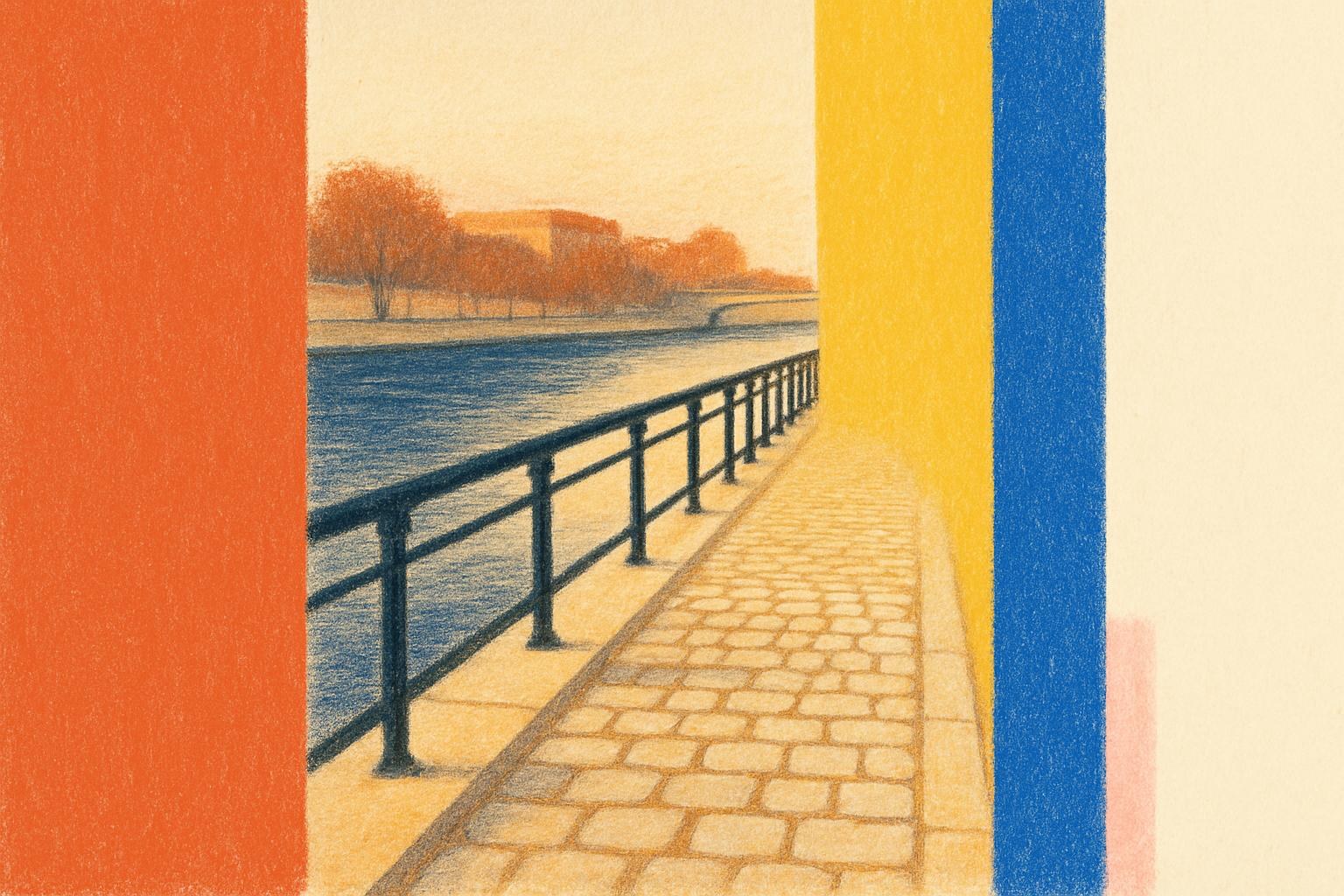 El quai de Javel junto al Sena al atardecer, vacío y silencioso.