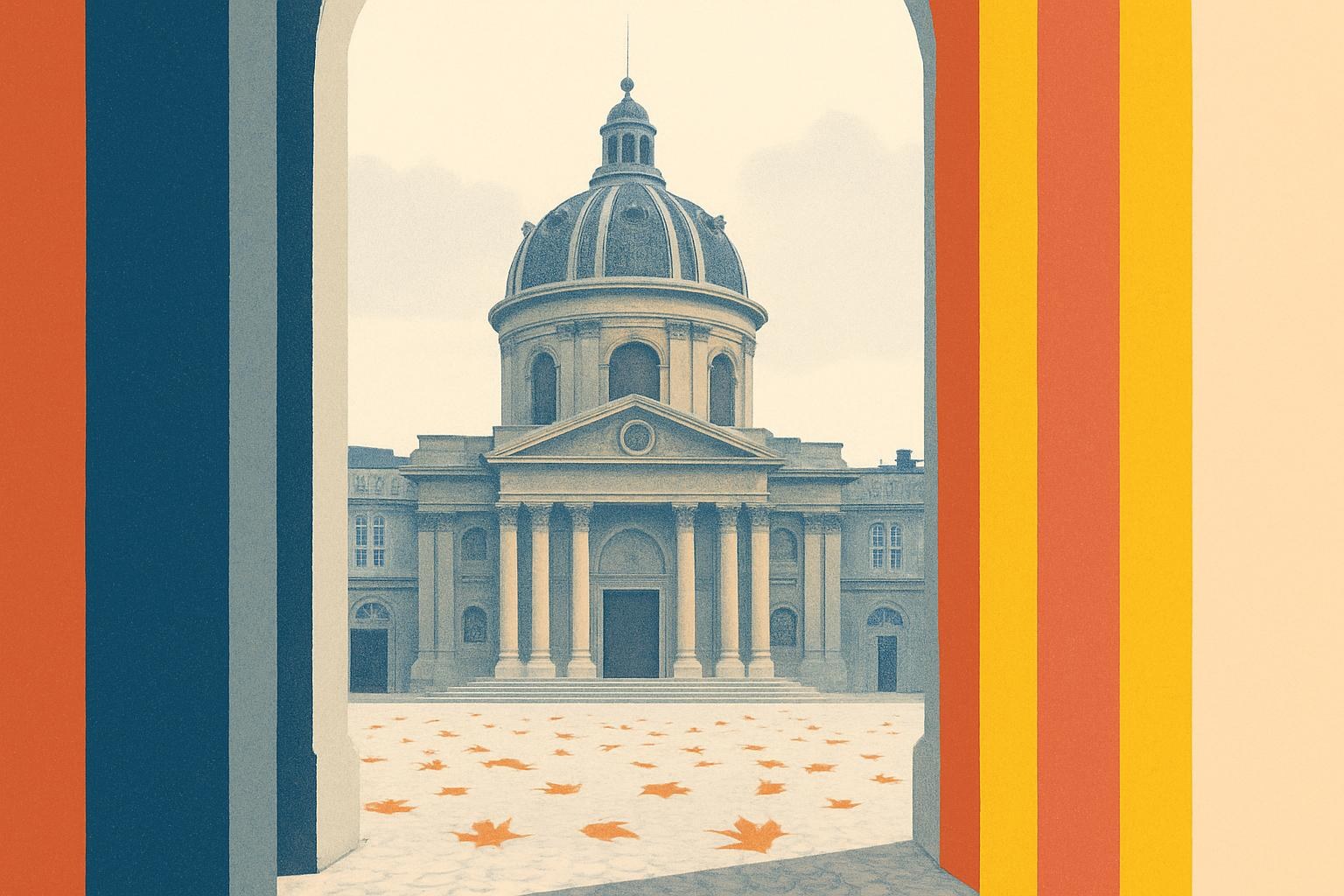 La cúpula del Institut de France bajo un cielo otoñal, con hojas caídas sobre los adoquines del patio.