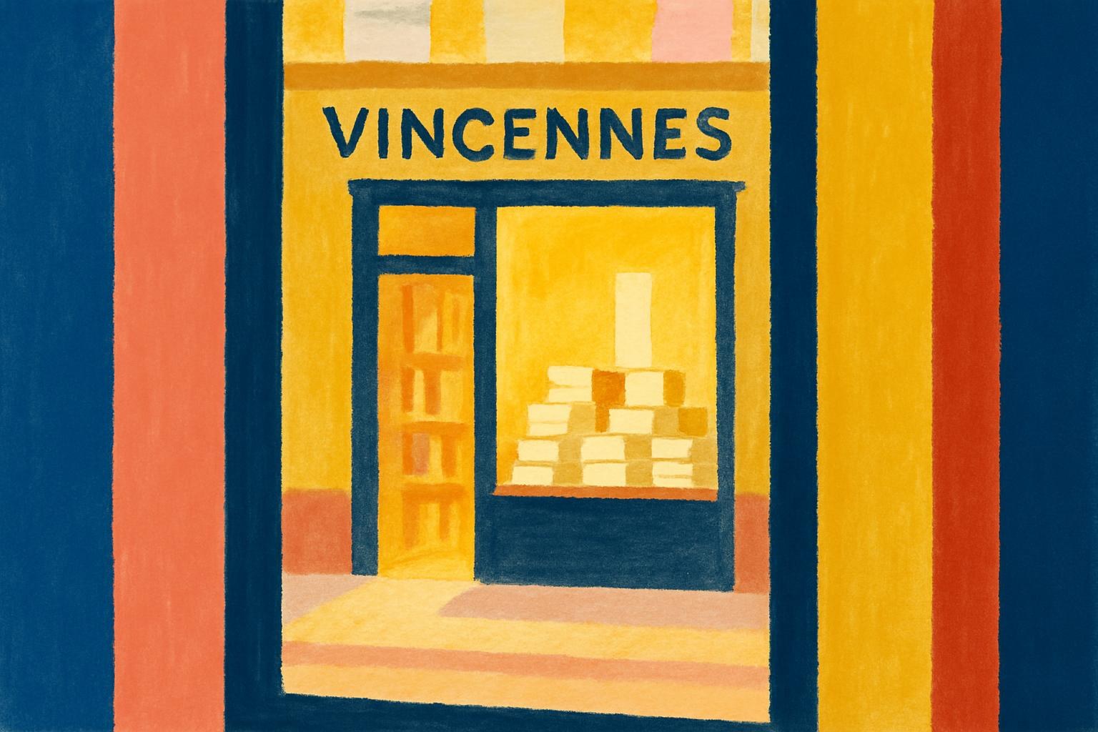 The warmly lit window of a small bookshop in Vincennes at dusk, with novels stacked on a display table inside.