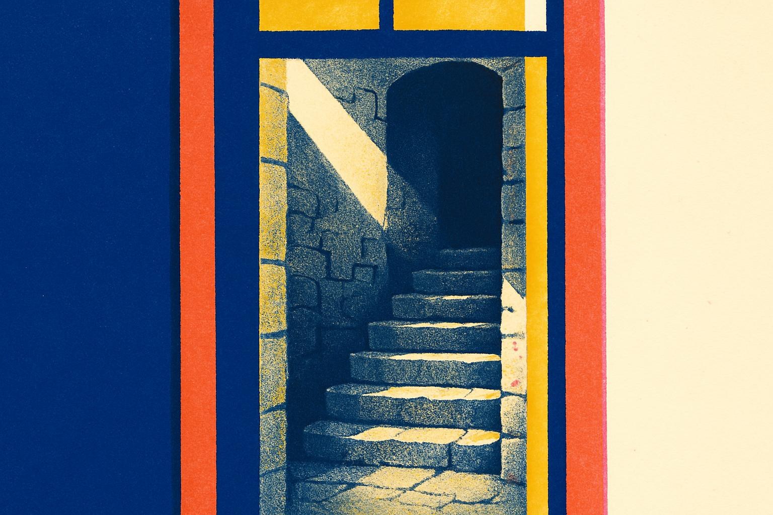 An old stone staircase disappearing into shadow, lit by a single shaft of light.