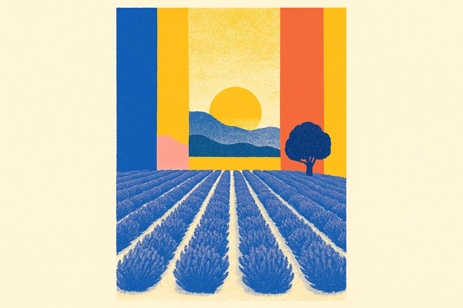 A Provençal landscape of lavender fields and hills at dusk.