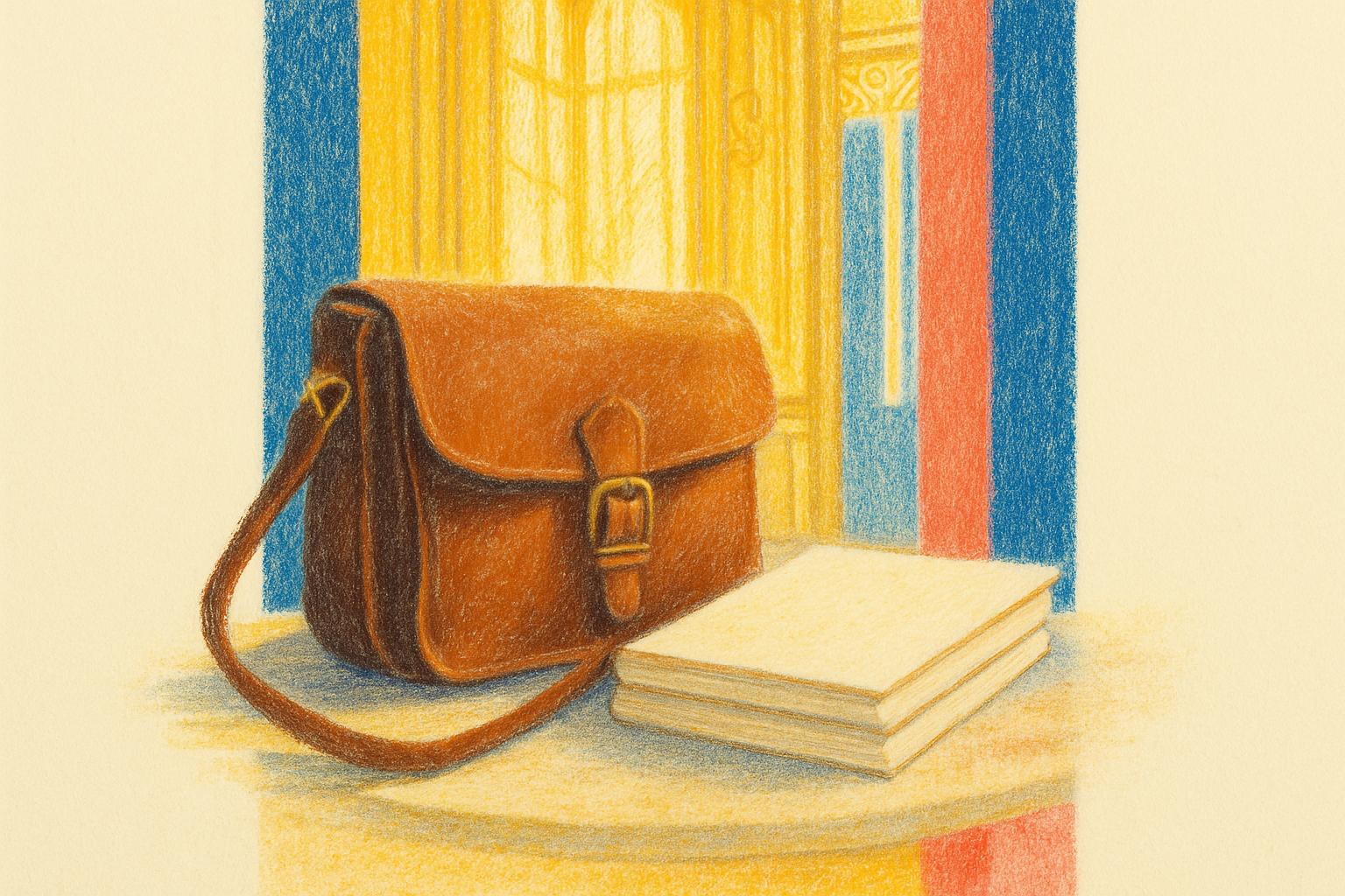 Une sacoche de reporter et des carnets sur une table en marbre dans le foyer d'un théâtre parisien.