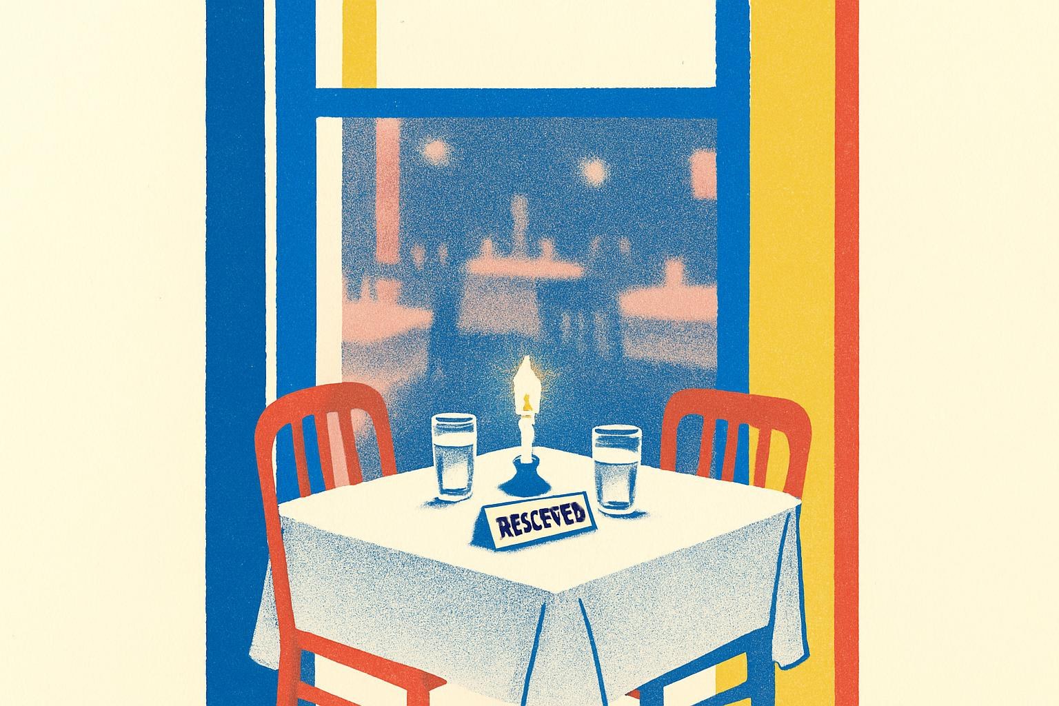 Una mesa de restaurante vacía puesta para dos, iluminada como un escenario, que evoca el tenso encuentro en el centro de la novela de Kitamura.