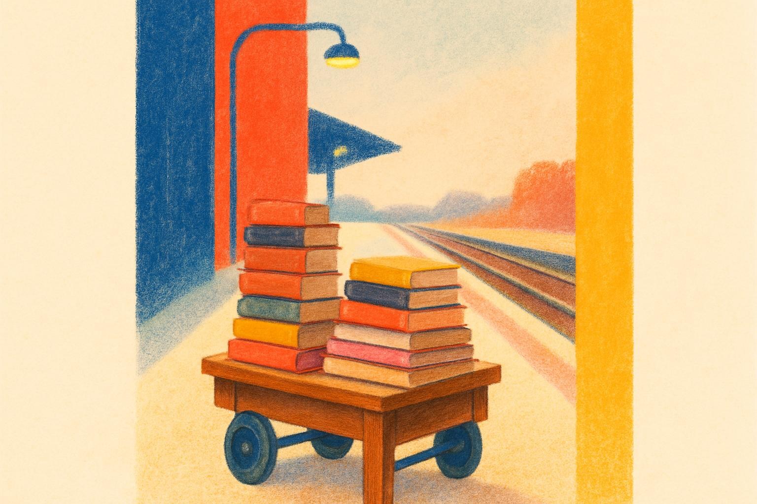 Un chariot de livres attend sur un quai de gare au crépuscule.