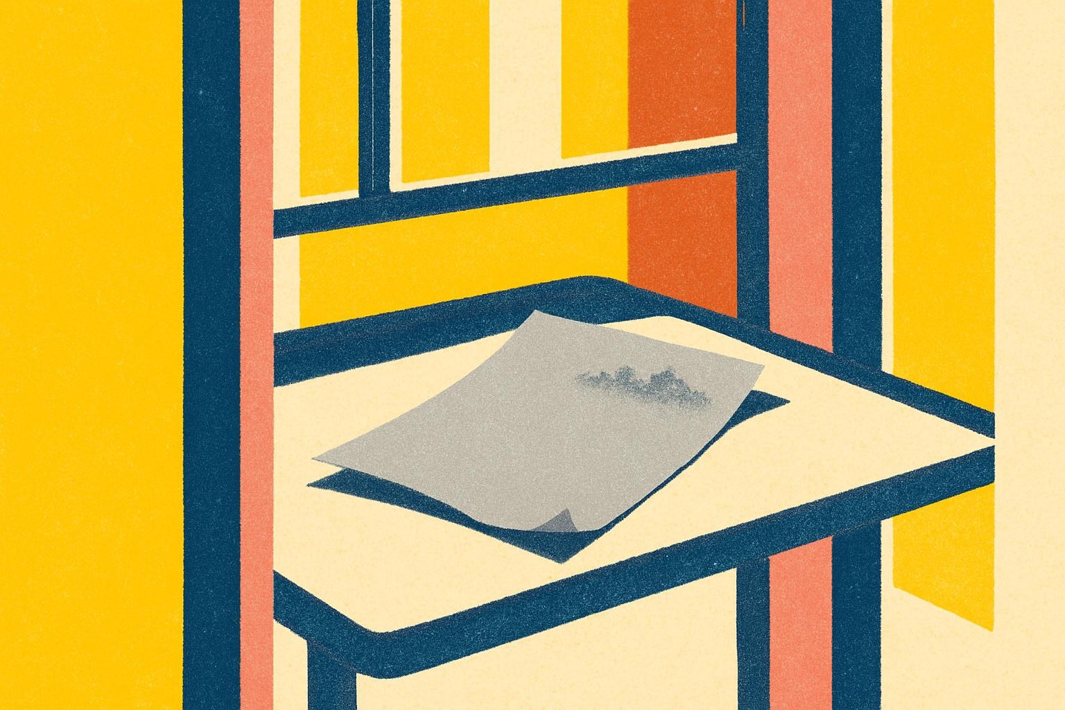 Une feuille de dessin grise posée sur un bureau, avec une silhouette de gratte-ciel esquissée au fusain dans un coin, sous la lumière de l'après-midi.