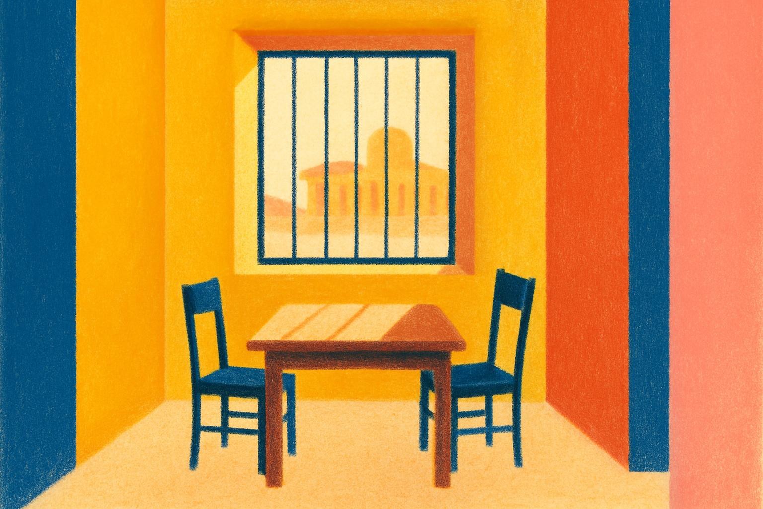 A bare prison visiting room with two chairs facing each other under a barred window, a courthouse silhouette visible outside.