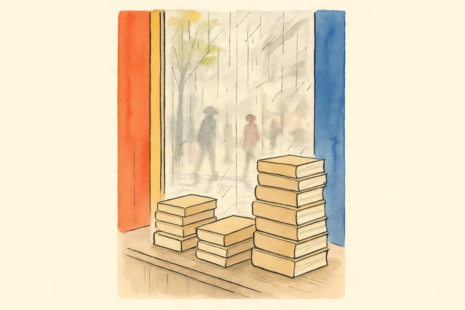 El escaparate de una librería parisina con pilas de novelas de la nueva temporada tras un cristal salpicado de lluvia.