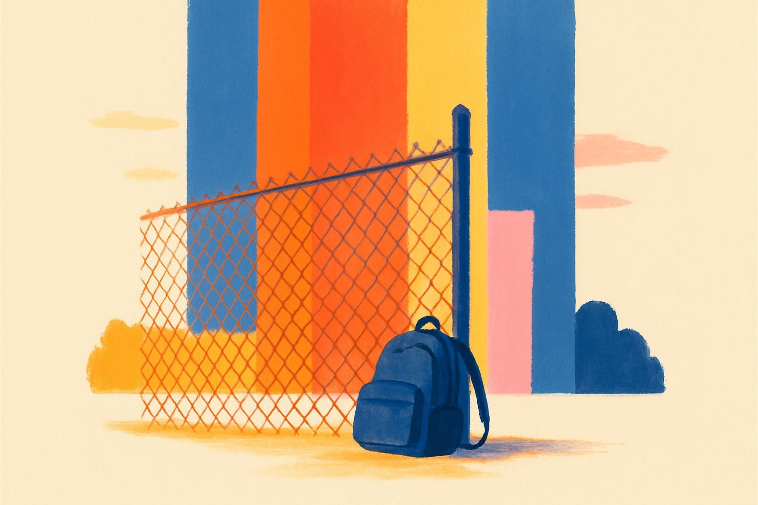 An empty schoolyard fence at dusk with a lone backpack leaning against it.