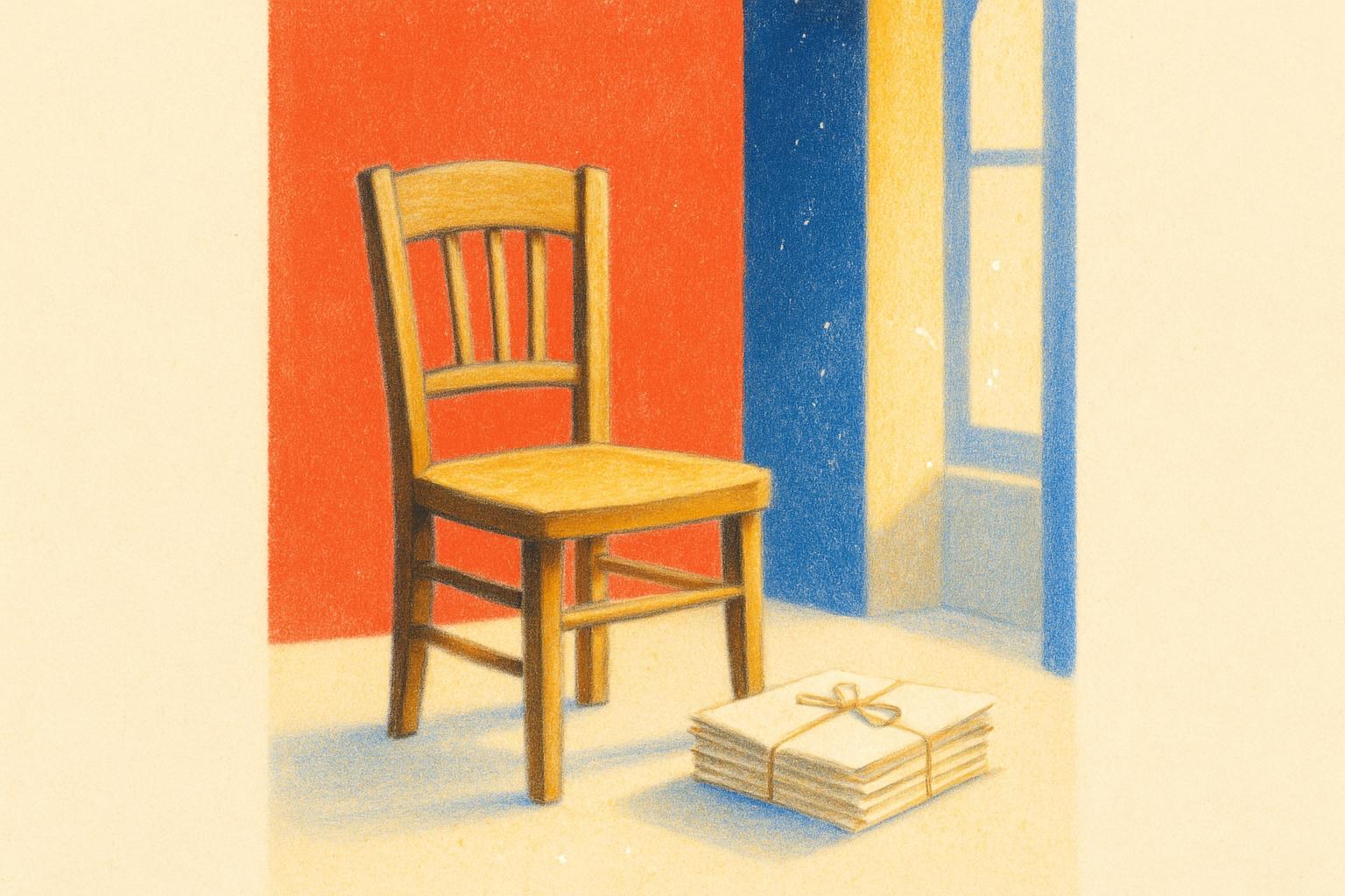 Une chaise vide à côté d'une pile de manuscrits vierges liés par une ficelle, dans une pièce parisienne à la lumière douce.