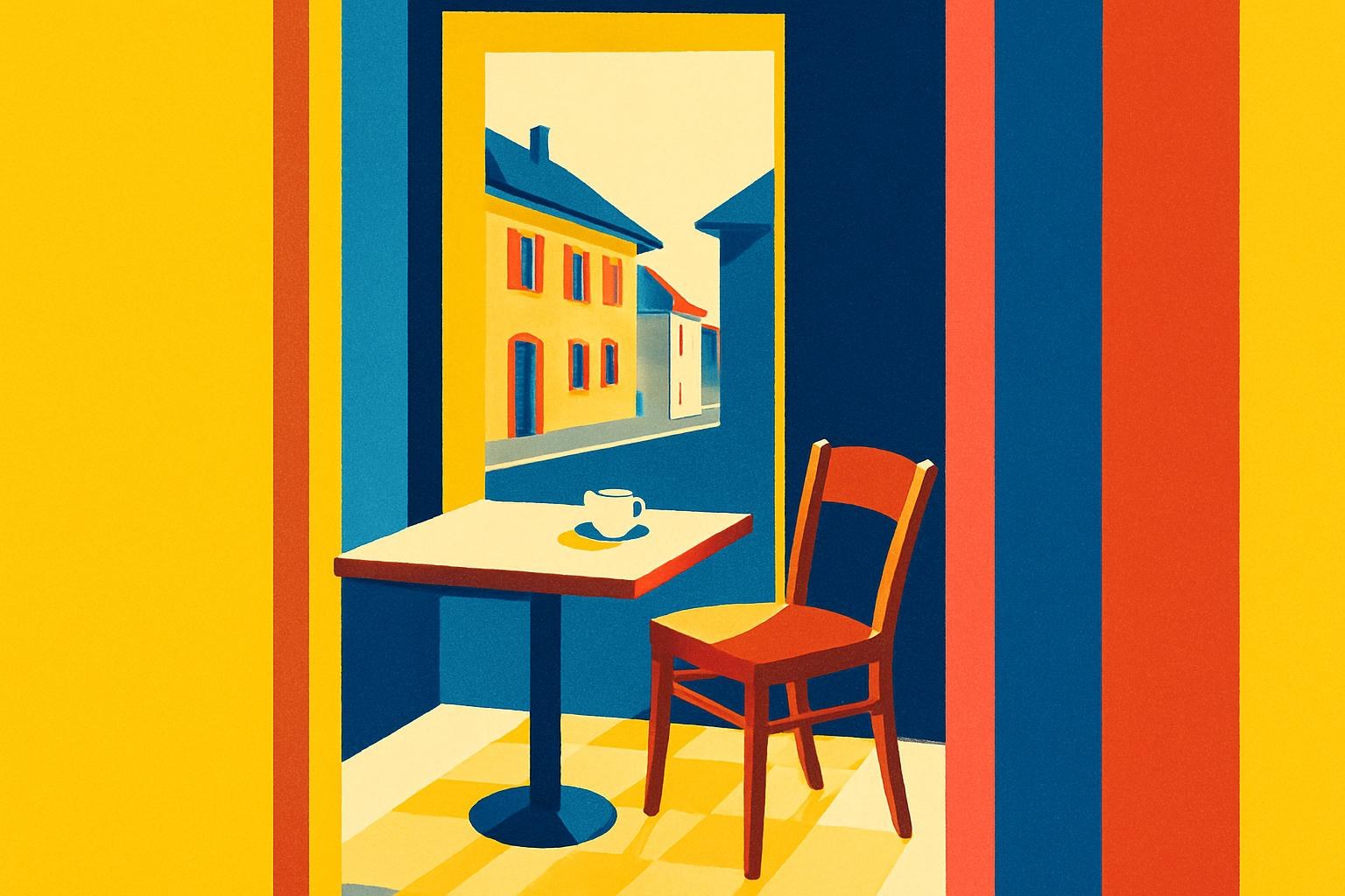Una mesa de café vacía junto a una ventana, con una silla apartada, en una calle tranquila de Suiza romanda.