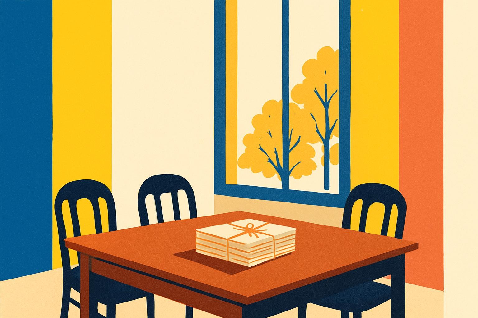 Une table de jury vide avec des épreuves de manuscrits liées, sous la lumière automnale de hautes fenêtres.