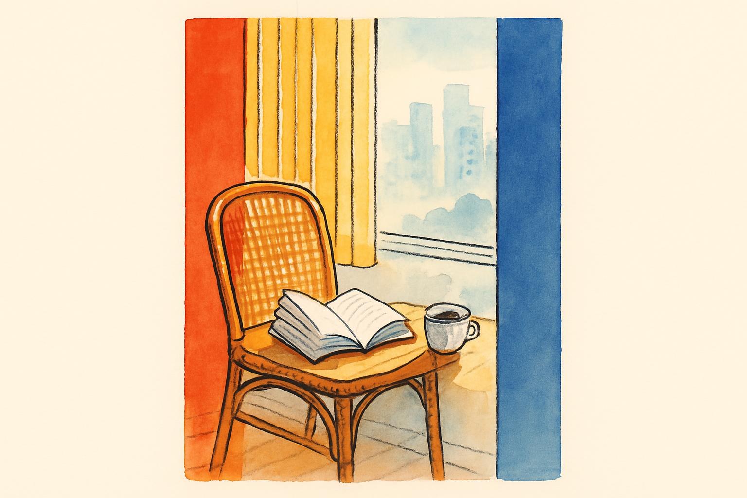 Un libro de bolsillo abierto sobre una silla de mimbre junto a una ventana, con las torres de viviendas de Singapur visibles entre la bruma a lo lejos.