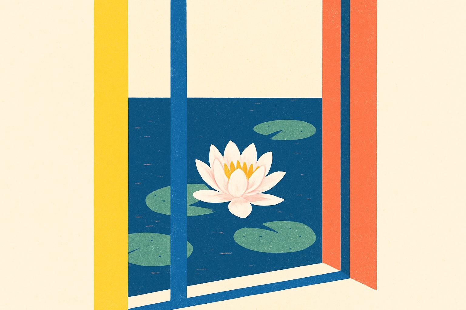 A lone water lily floating on calm pond water in soft light.