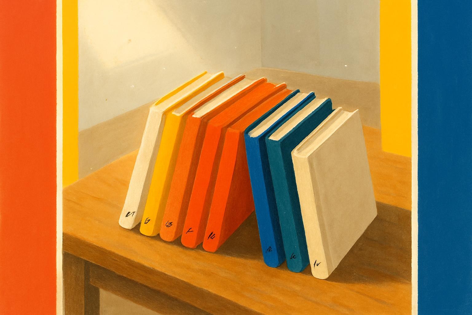 Onze livres aux reliures différentes disposés en éventail sur une table, chaque dos portant la même signature.