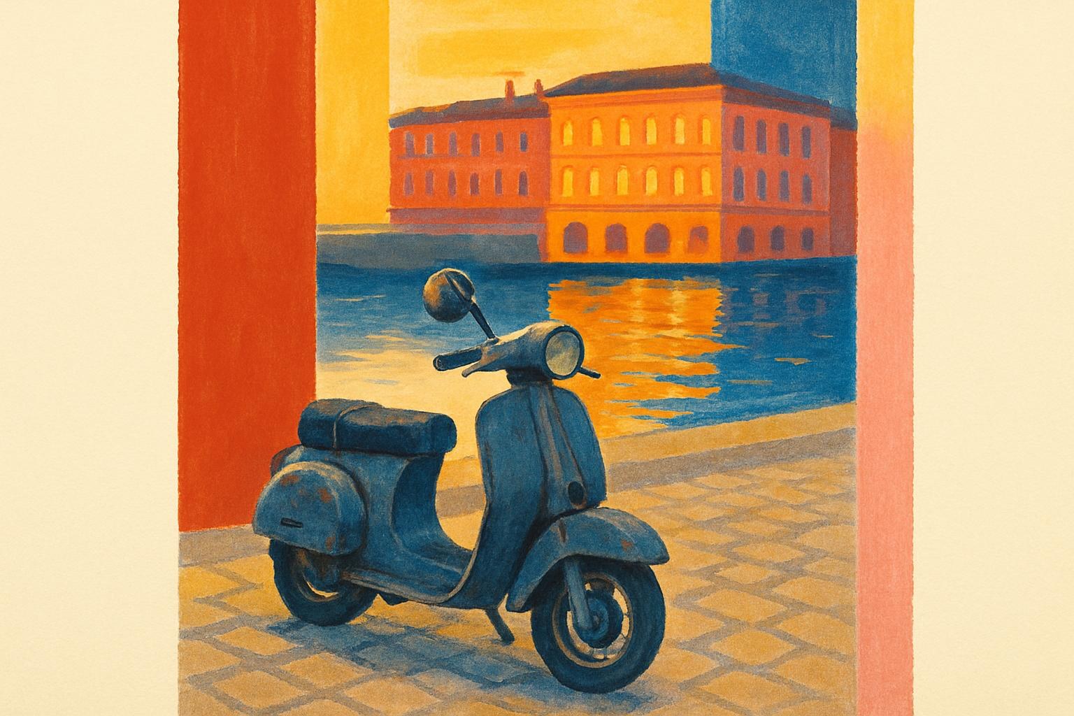 Un scooter aparcado junto al Garona, en la place de la Daurade de Toulouse al anochecer, con las fachadas de ladrillo rosa reflejadas en el río.