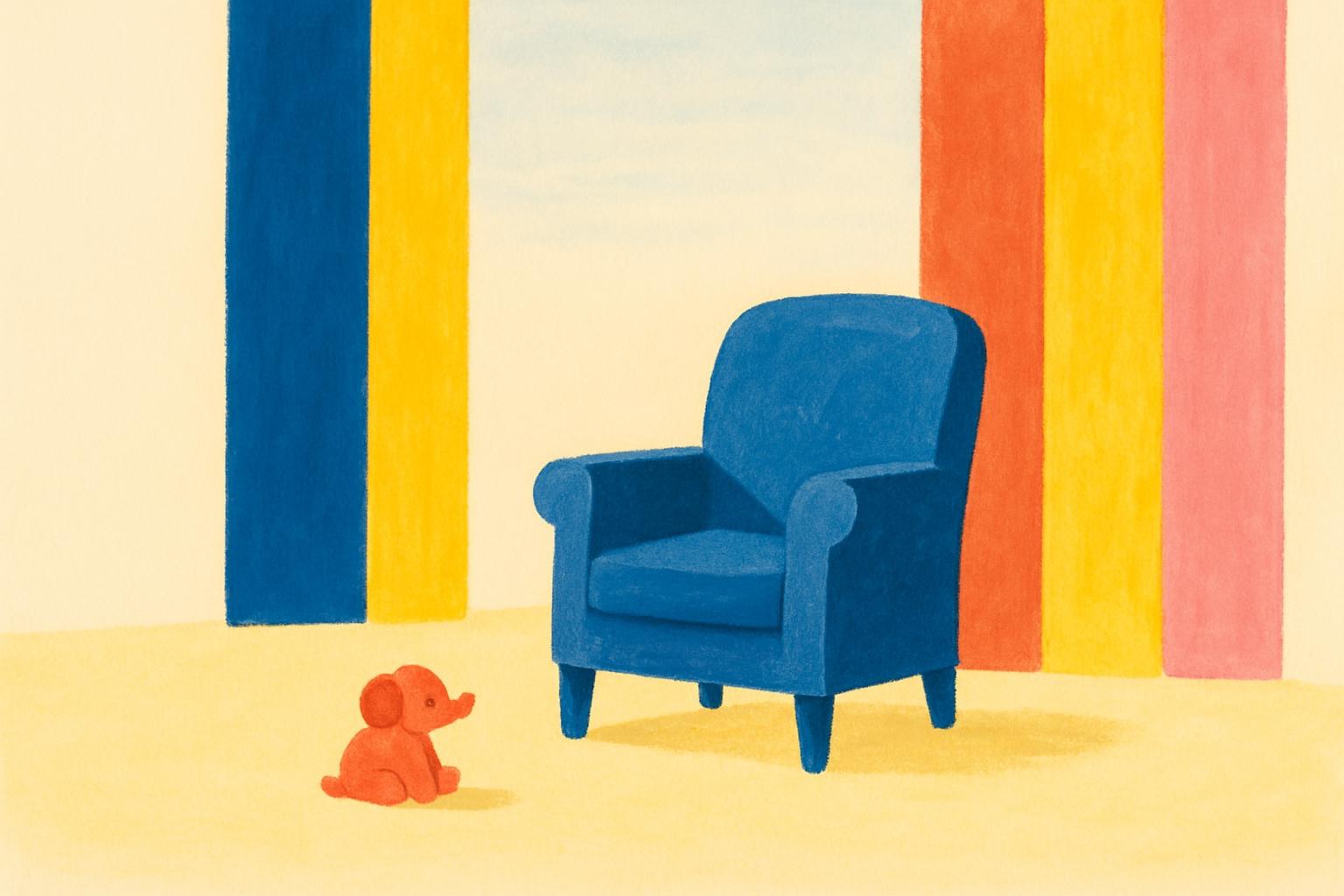 Une pièce baignée de lumière avec un fauteuil vide et un jouet d'enfant au sol, évoquant une amitié discrète entre générations.
