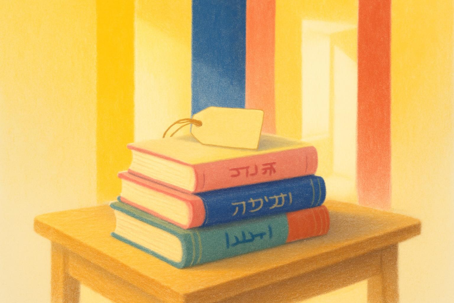 Une pile de livres en différentes langues sur une table, éclairée par la lumière de l'après-midi, évoquant une longlist d'œuvres traduites.