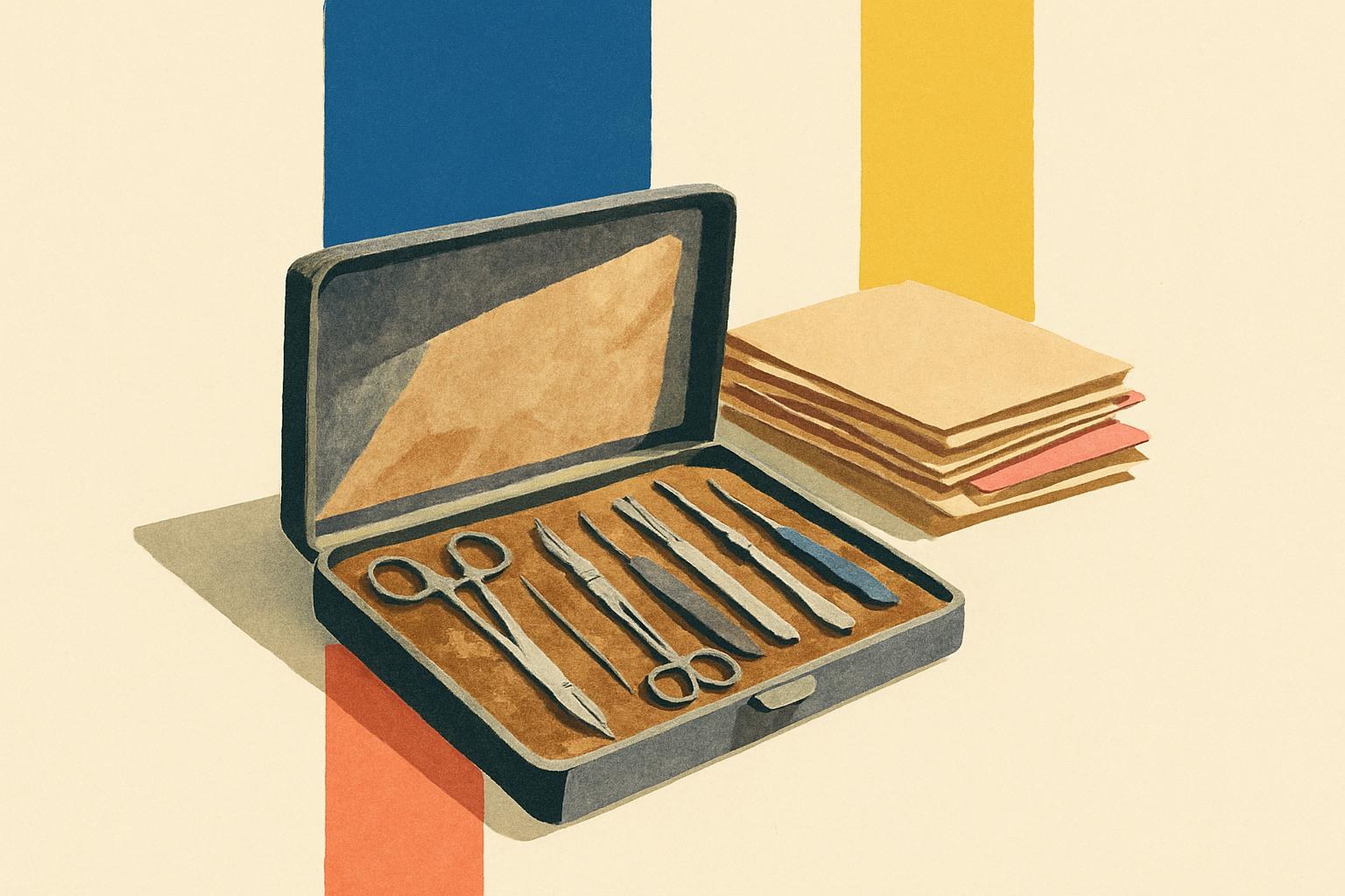 A 1960s medical instrument case on a wooden desk, lit by soft window light.