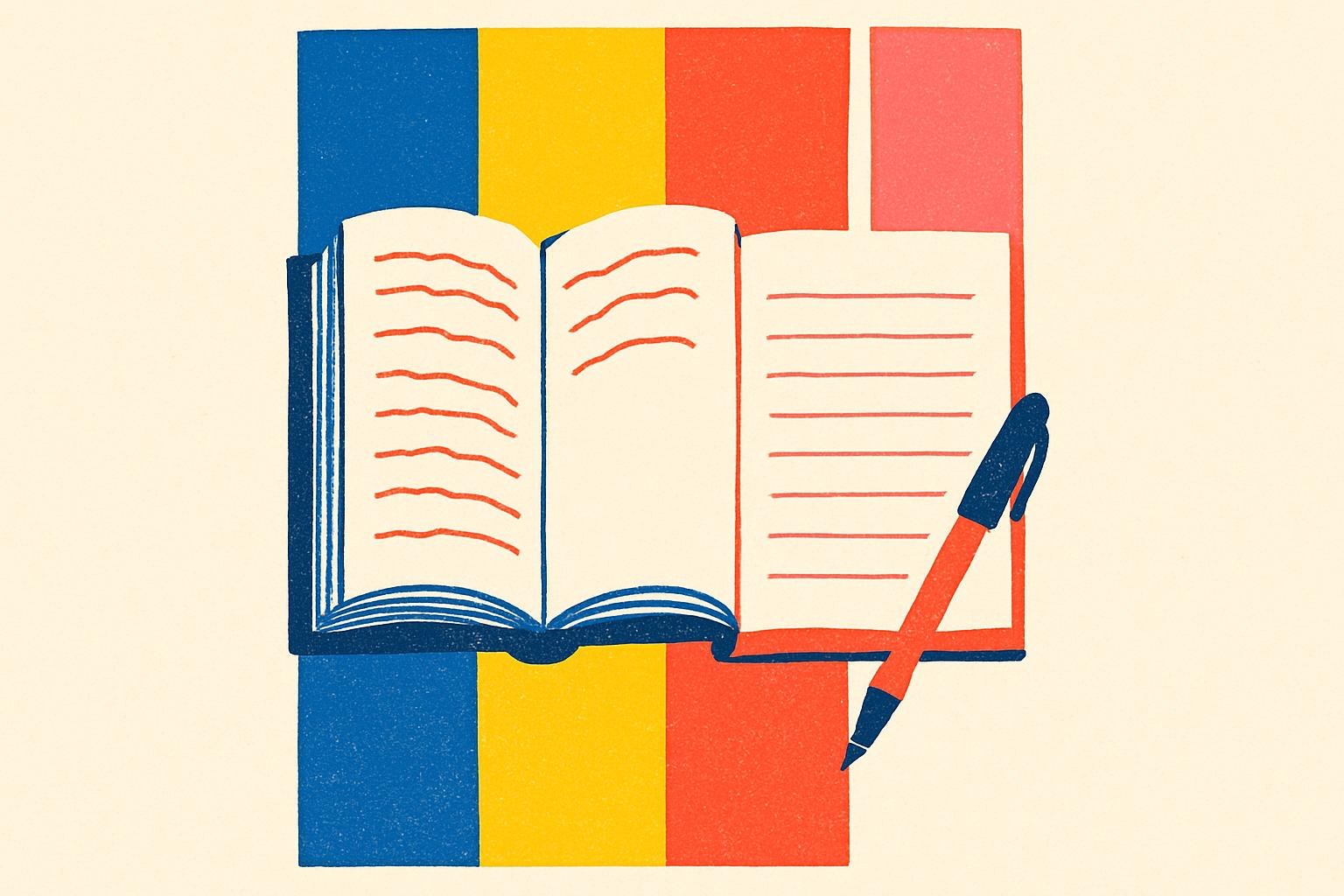 An open, well-worn book beside blank pages and a pen, suggesting a text being rewritten anew
